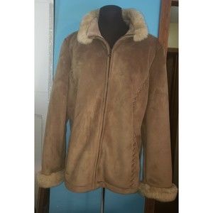 VTG Liz Claiborne Tan Faux Suede Faux Fur Lined & Trimmed Jacket Coat Women Sz L